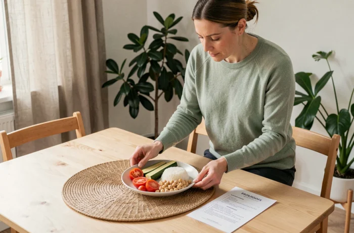 Femme préparant un repas équilibré avec des aliments pauvres en lectines comme des courgettes vapeur et des tomates pelées
