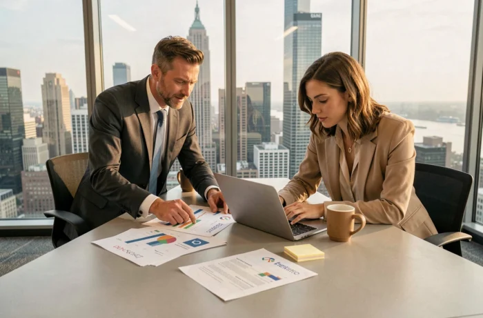 Deux professionnels en réunion stratégique autour de rapports marketing B2B avec vue sur la ville