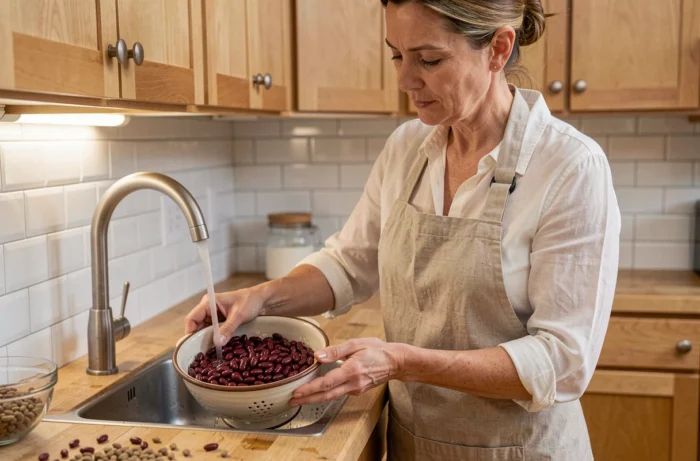 Femme rinçant des haricots rouges dans une passoire en céramique pour réduire les lectines avant la cuisson
