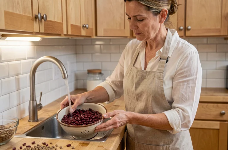 Femme rinçant des haricots rouges dans une passoire en céramique pour réduire les lectines avant la cuisson