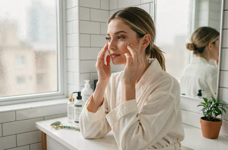Femme appliquant un sérum sur son visage devant une coiffeuse minimaliste dans une salle de bain lumineuse