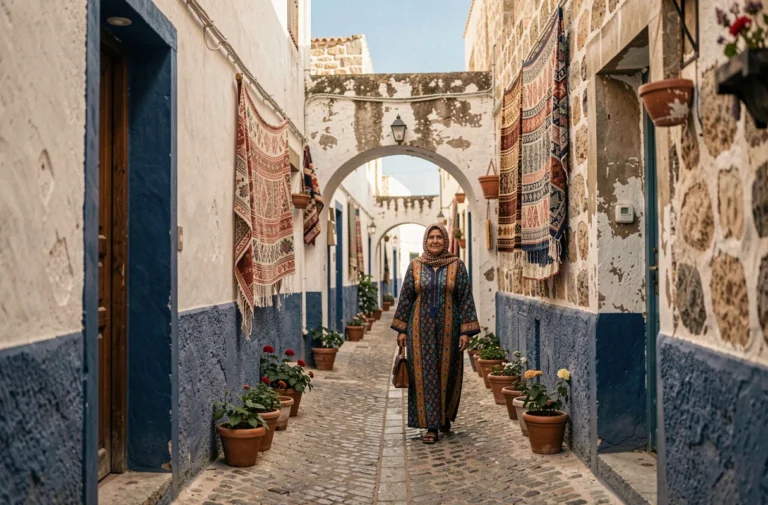 Ruelle typique de la médina d'Essaouira avec murs bleus et blancs, idéale pour une location longue durée entre particuliers
