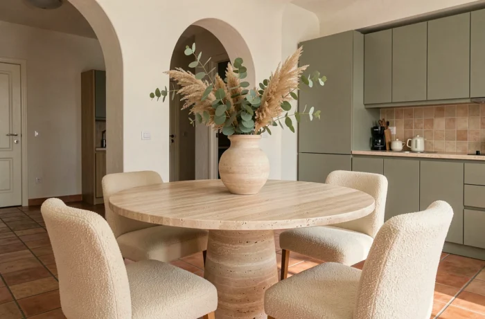 Salle à manger tendance avec table en travertin, chaises en bouclé crème et composition florale en herbes de la pampa