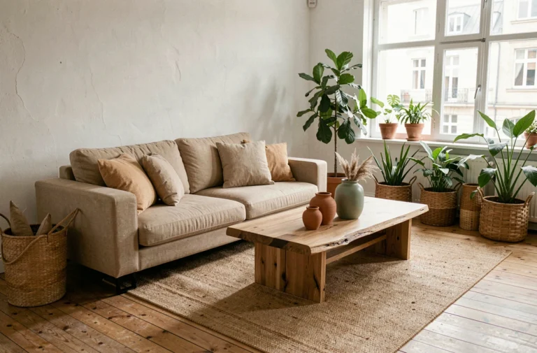 Salon moderne au style scandinave avec canapé en lin, table basse en chêne et vases en céramique sur tapis en jute