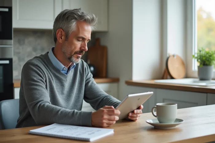 Homme consultant une application de simulation de crédit immobilier sur une tablette avec des calculs manuscrits de remboursement dans une cuisine moderne