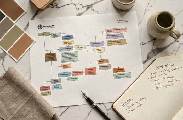 Vue aérienne d'un sitemap de site de décoration imprimé sur une table en marbre entouré d'éléments de design d'intérieur