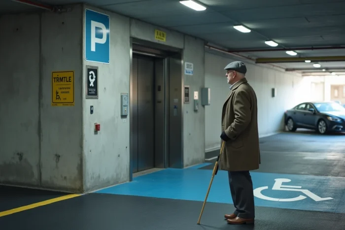 Senior avec canne dans un parking souterrain devant une place de stationnement PMR signalisée et un ascenseur accessible