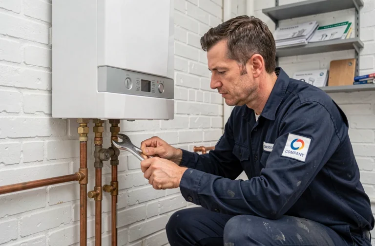 Technicien professionnel inspectant une chaudière gaz murale dans un appartement bruxellois lors d'un entretien annuel
