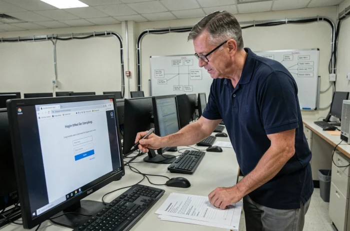 Technicien informatique d'école diagnostiquant une erreur de connexion au webmel de l'académie de Créteil