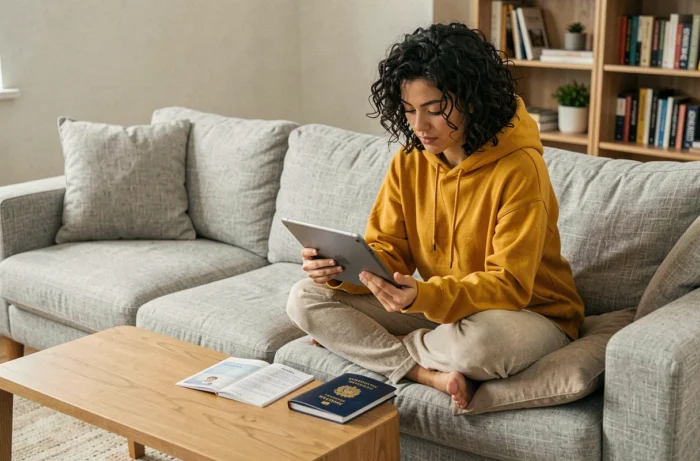 Jeune femme téléchargeant ses documents d'identité pour une demande de visa électronique sur tablette depuis son canapé