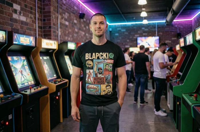 Homme passionné de pop culture et gaming devant des bornes d'arcade lumineuses dans un espace urbain tendance