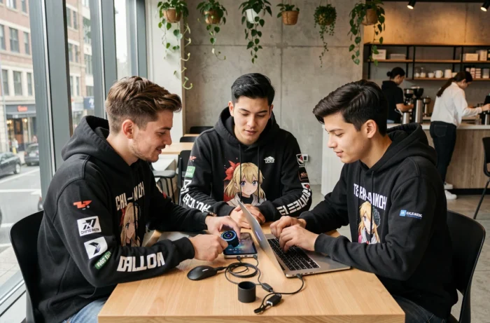 Groupe de jeunes amis explorant les dernières tendances high-tech et pop culture autour d'une table dans un café moderne