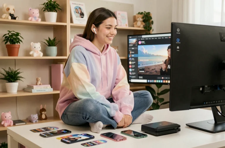 Jeune femme entourée des dernières tendances high-tech et gadgets pop culture dans un home studio moderne et minimaliste