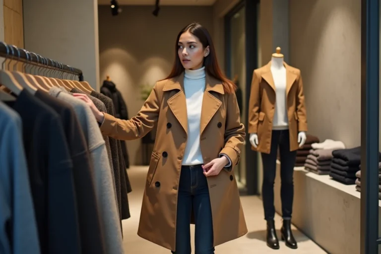 Femme élégante en trench camel parcourant une boutique de mode minimaliste à Paris, incarnant les tendances mode incontournables de la saison