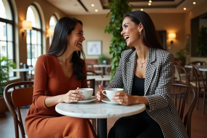 Deux femmes tendance attablées dans un café stylé, arborant des tenues mode automnales incluant robe en maille et blazer à carreaux