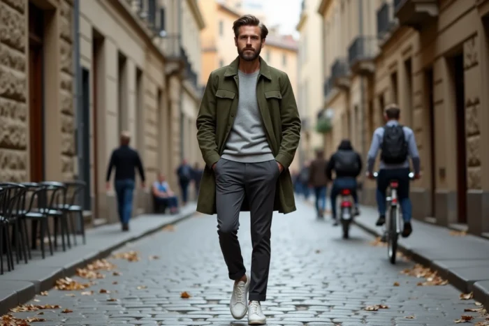 Homme stylé en tenue casual-chic automne marchant dans une rue pavée européenne, illustrant les tendances mode masculines de l'année