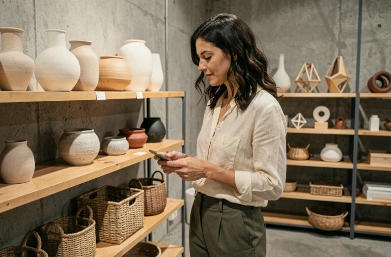 Femme élégante découvrant des objets de décoration tendance dans un concept store moderne aux murs en béton brut et étagères en bois