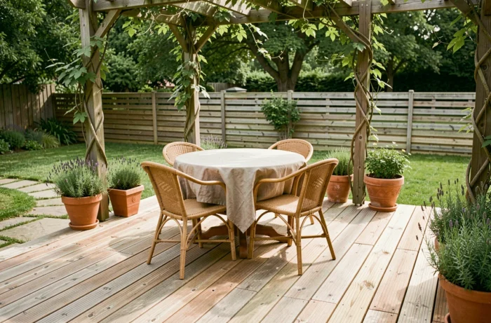 Terrasse en bois de teck avec table de jardin ronde, chaises en rotin et pergola couverte de plantes grimpantes dans un jardin verdoyant
