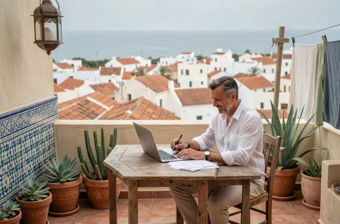 Terrasse d'un riad à Essaouira avec vue sur les toits et l'océan Atlantique, parfaite pour une location entre particuliers