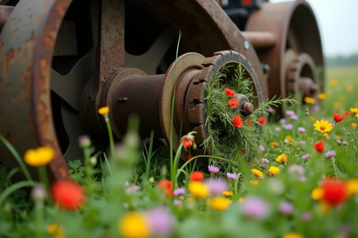 Gros plan sur la tête de coupe d'une débroussailleuse à fléau détruisant des plantes sauvages en bordure de champ
