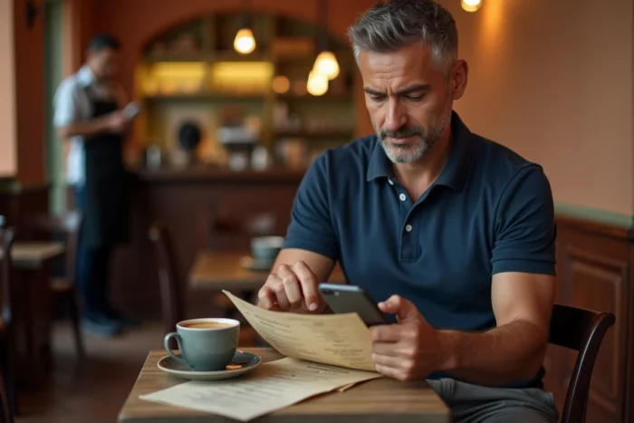 Homme consultant une application de traduction en temps réel pour lire un menu dans un café européen