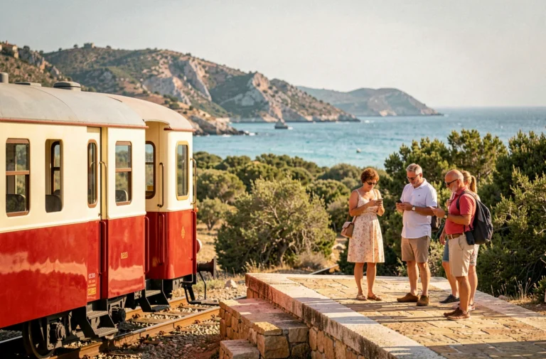 Train régional Corsica Ferroviaria à l'arrêt à la gare d'Île-Rousse sur la ligne Calvi en été