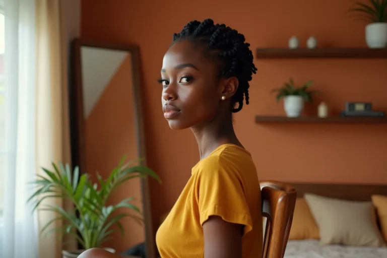 Jeune femme aux cheveux courts avec des tresses afro sans rajout dans une chambre chaleureuse aux murs terracotta