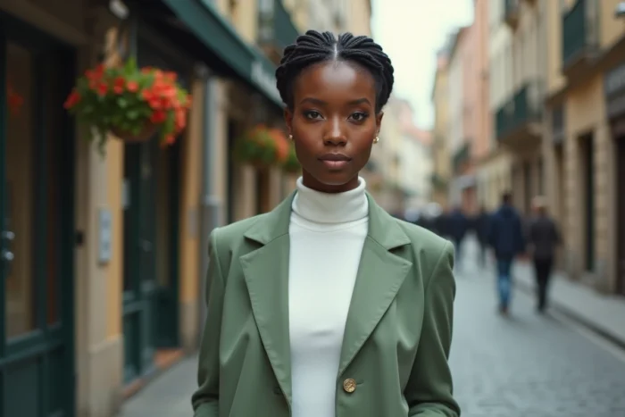 Femme élégante avec tresses afro courtes sans rajout portant un blazer vert sauge dans une rue pavée urbaine