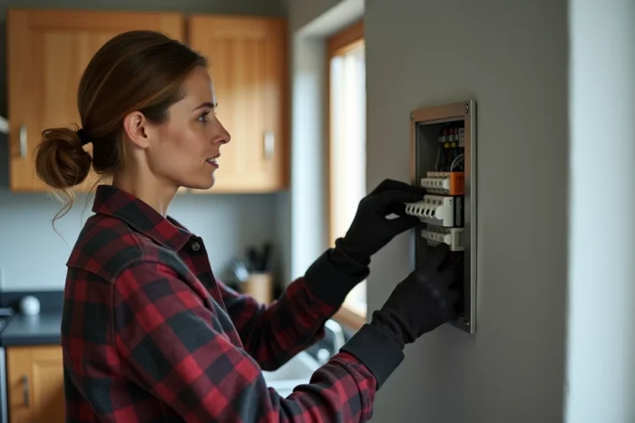Femme inspectant un tableau électrique ouvert dans une cuisine lors d'une panne électrique à domicile