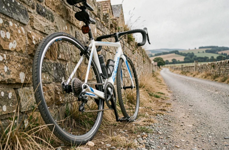 Vélo de route entrée de gamme Triban RC120 appuyé contre un mur en pierre sur une route de campagne française