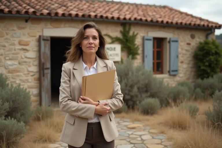 Femme tenant des documents devant une maison en pierre à vendre dans l'Aude lors d'une procédure de divorce