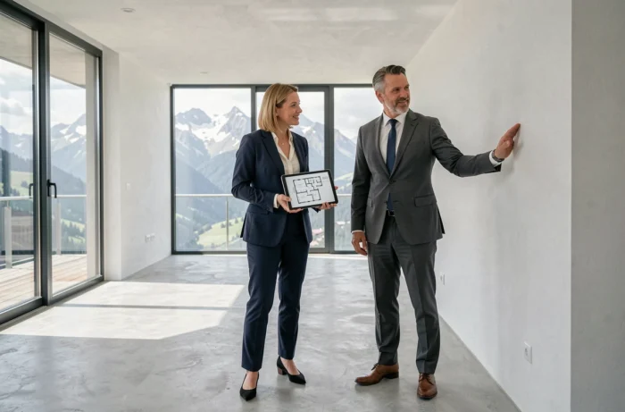 Deux agents immobiliers visitant un appartement moderne avec vue sur les montagnes suisses