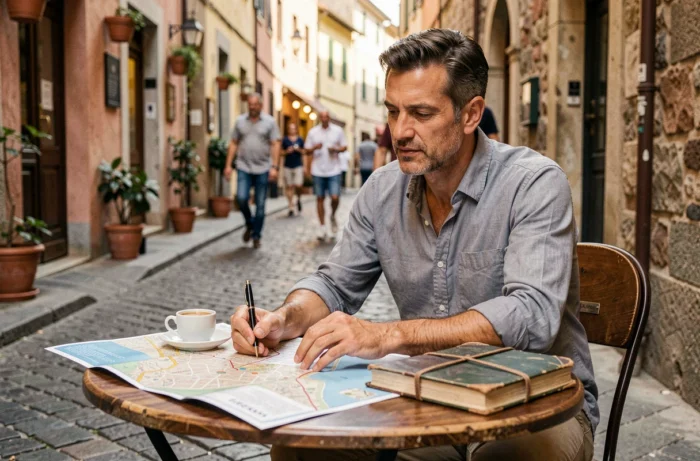 Voyageur planifiant son itinéraire sur une carte dans un café en rue pavée européenne