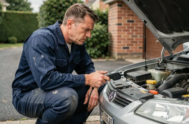 Mécanicien utilisant un scanner OBD pour diagnostiquer le voyant moteur allumé d'une voiture