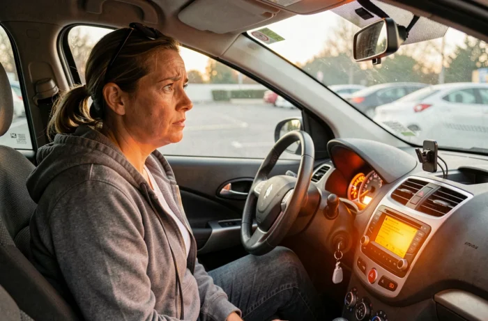 Femme au volant regardant le voyant moteur allumé sur le tableau de bord de sa voiture
